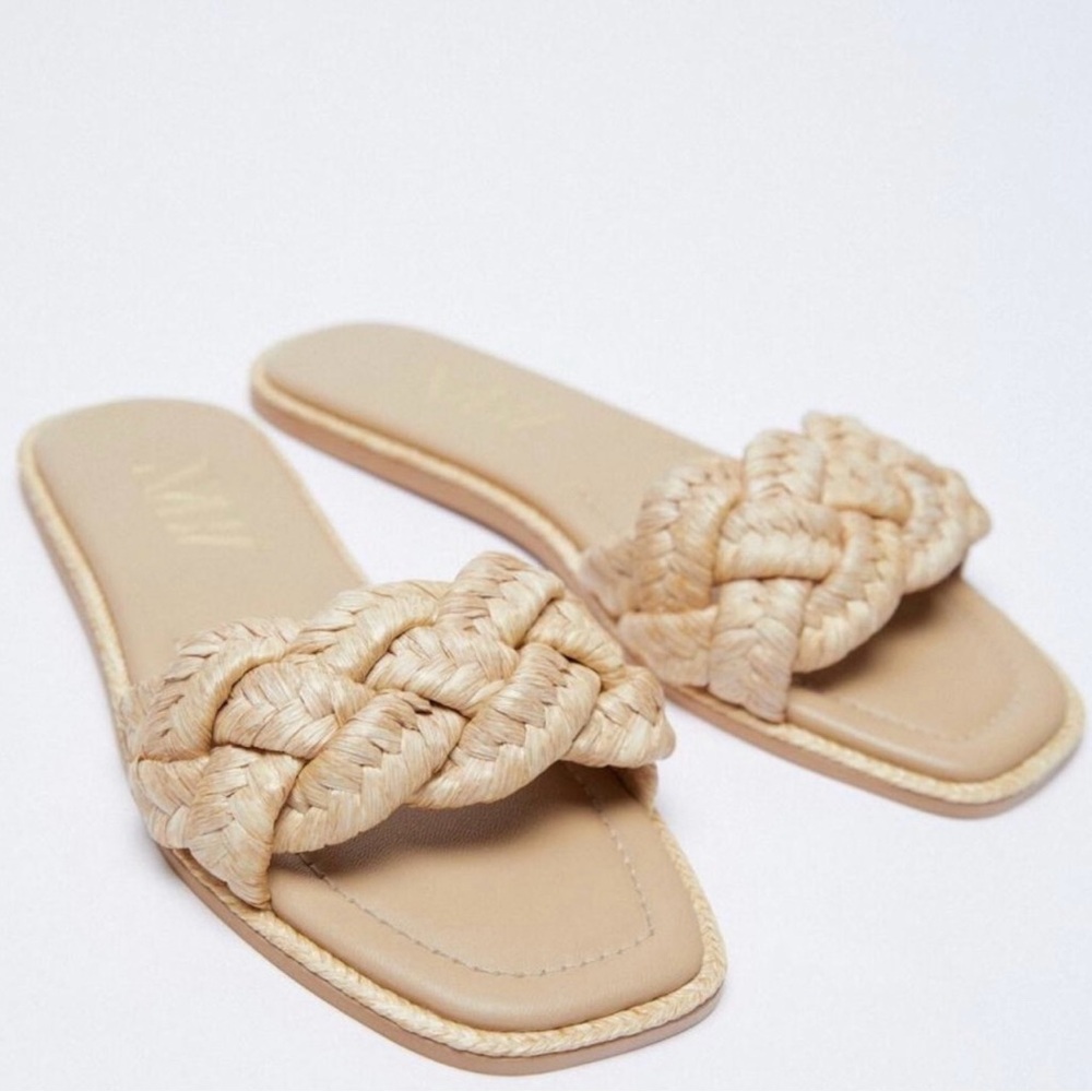 Zara Natural Woven Raffia Flat Leather Sandals